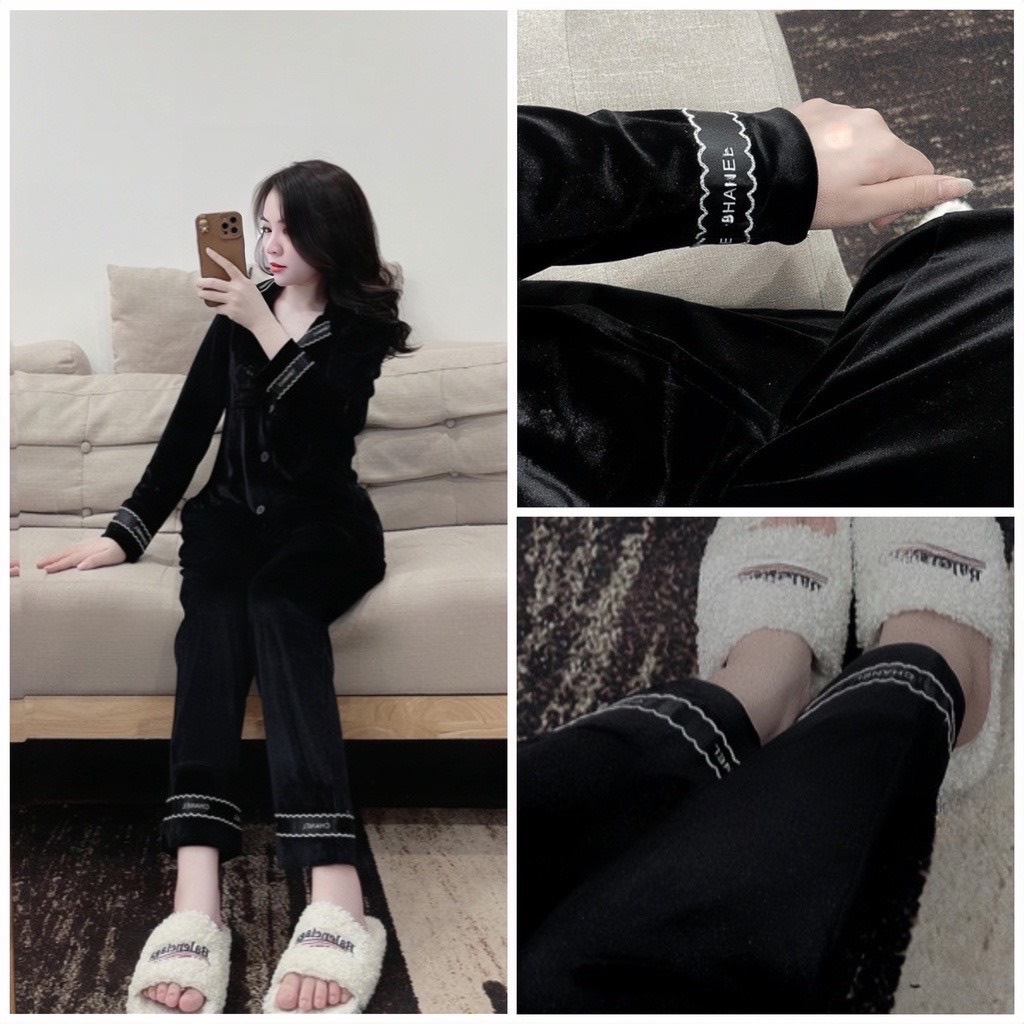 S884 - BỘ PYJAMA NHUNG NỮ VIỀN CHANEL