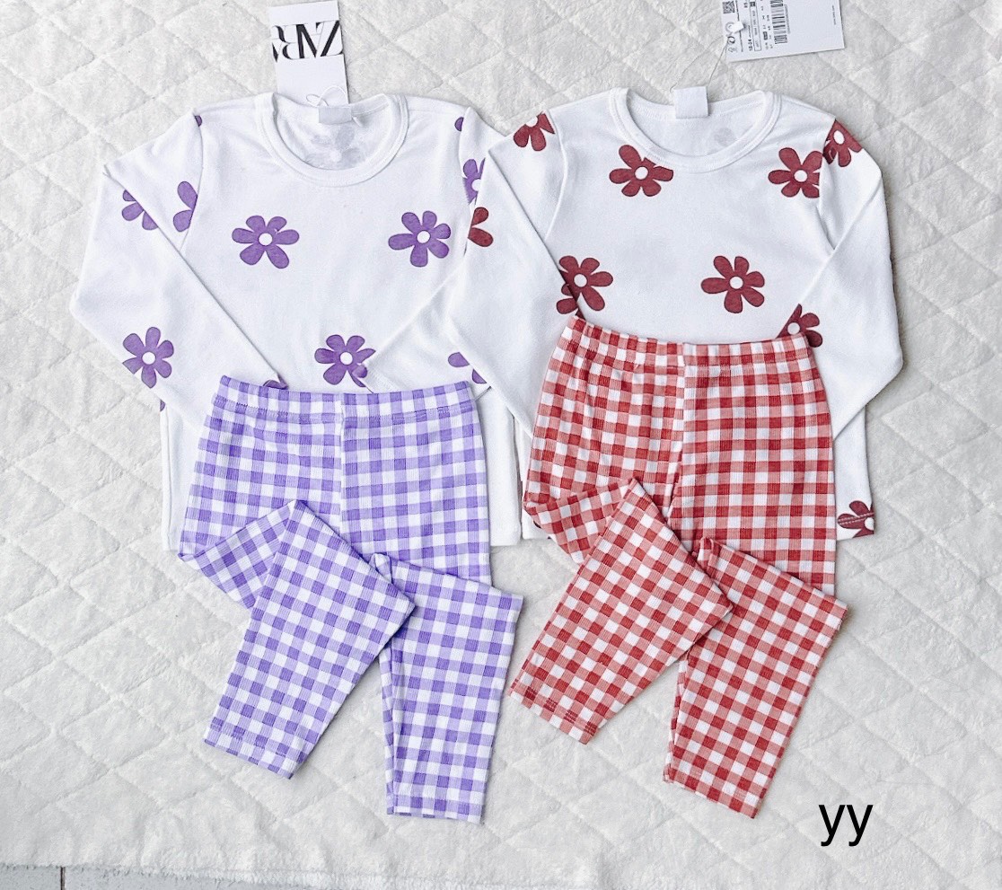 G769 - SET 2 BỘ BÉ GÁI ÁO HOA TÍM ĐỎ QUẦN LEGGING KẺ