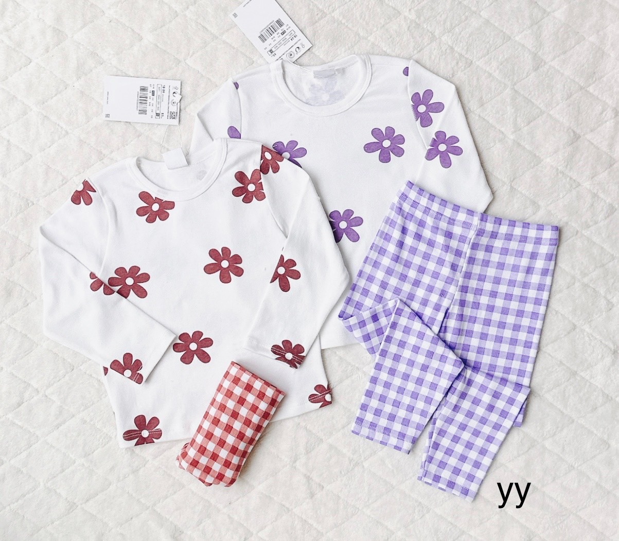 G769 - SET 2 BỘ BÉ GÁI ÁO HOA TÍM ĐỎ QUẦN LEGGING KẺ