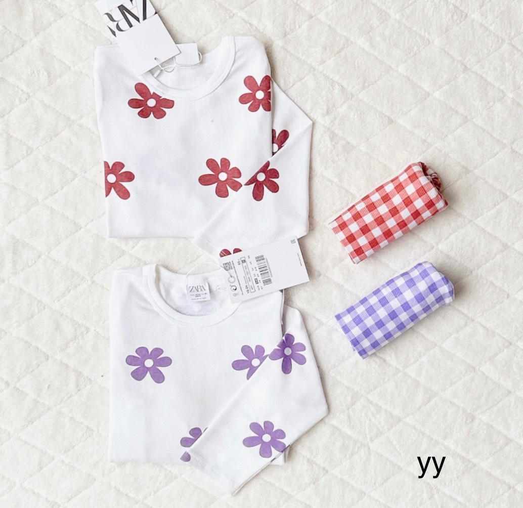 G769 - SET 2 BỘ BÉ GÁI ÁO HOA TÍM ĐỎ QUẦN LEGGING KẺ