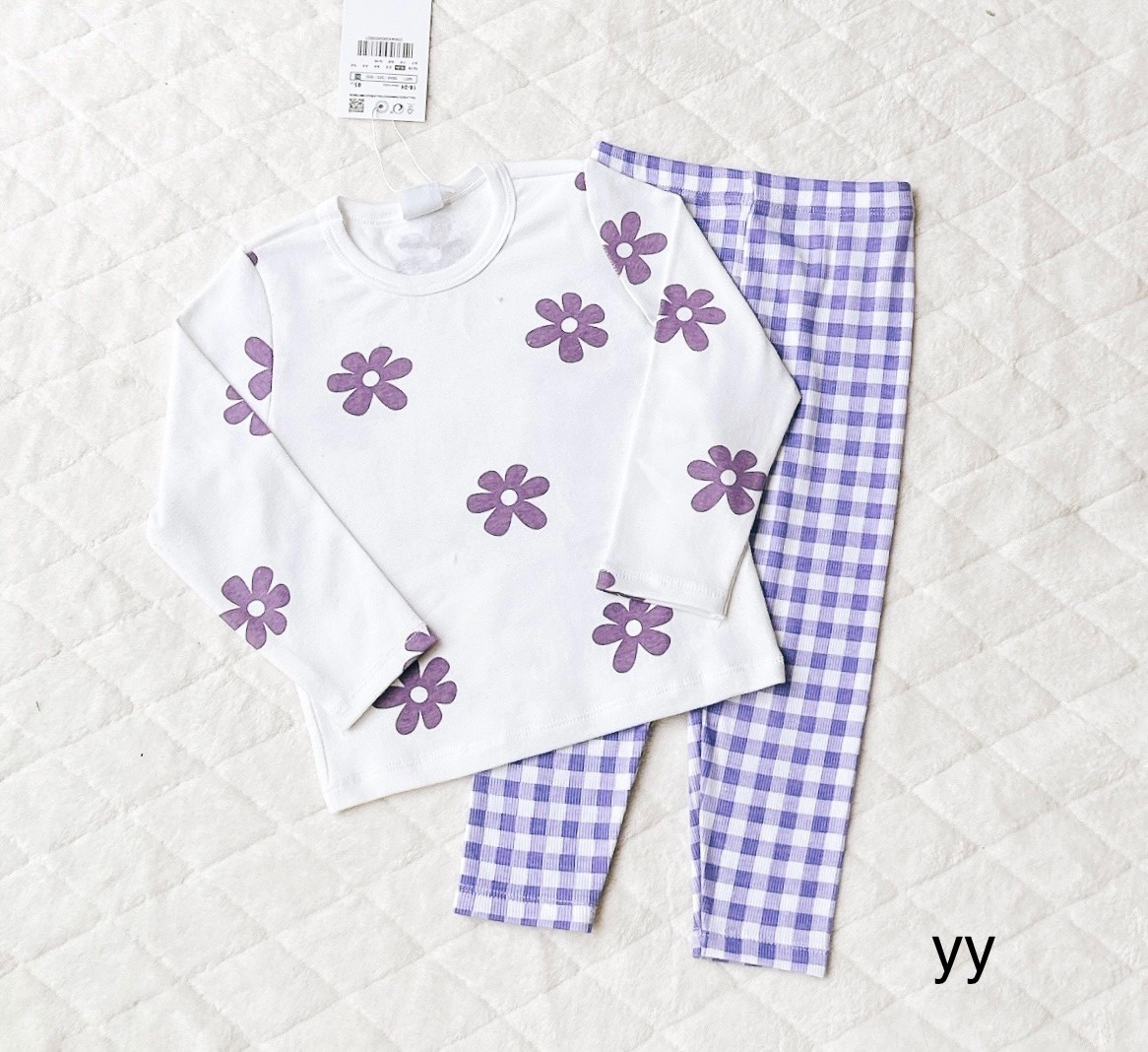 G769 - SET 2 BỘ BÉ GÁI ÁO HOA TÍM ĐỎ QUẦN LEGGING KẺ