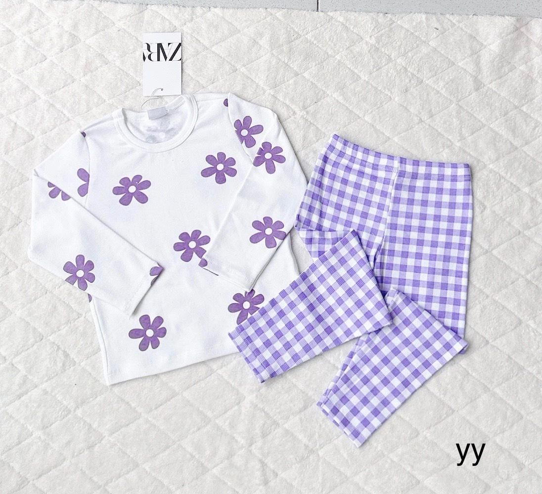 G769 - SET 2 BỘ BÉ GÁI ÁO HOA TÍM ĐỎ QUẦN LEGGING KẺ