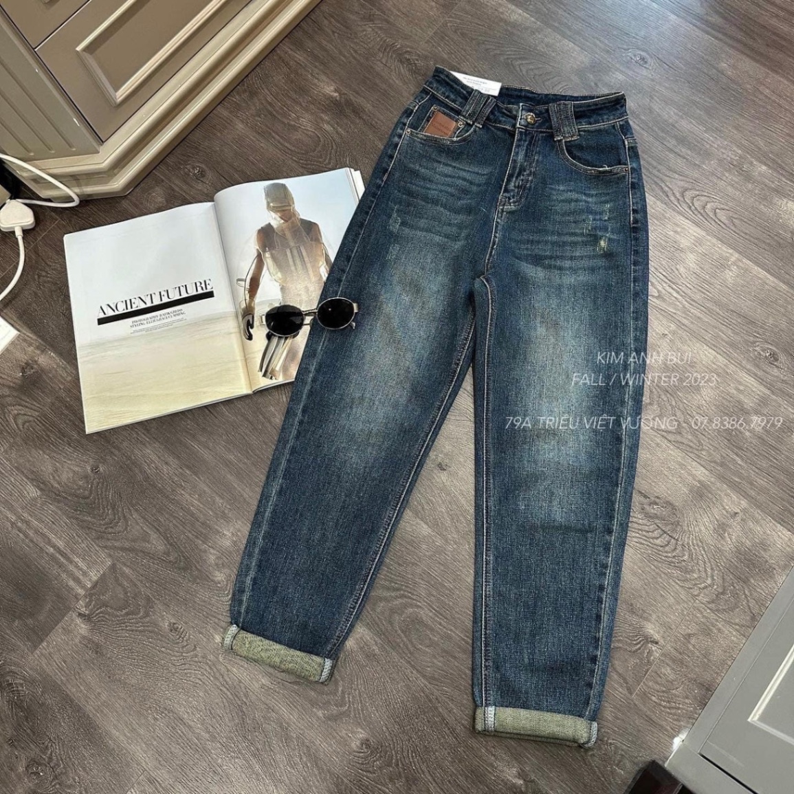 QNU393 - QUẦN JEANS NỮ BAGGY XANH MÀI GỐI TÚI DA M6877