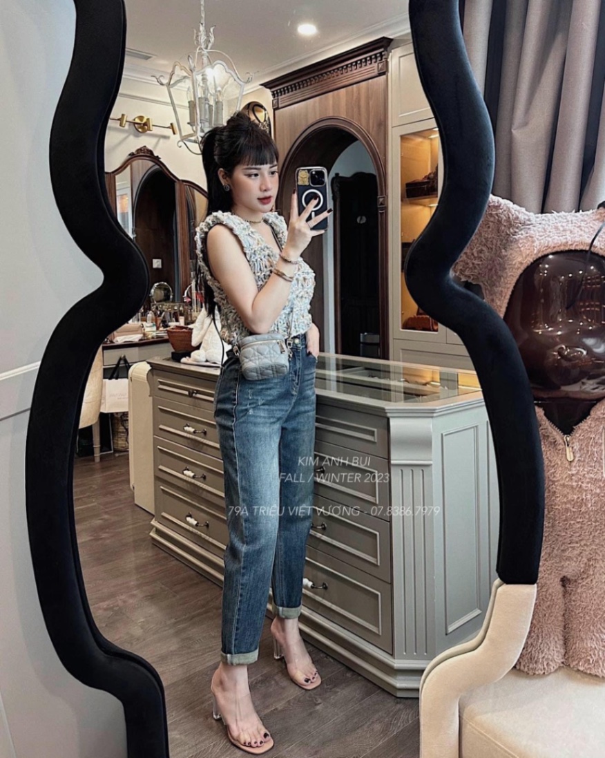 QNU393 - QUẦN JEANS NỮ BAGGY XANH MÀI GỐI TÚI DA M6877