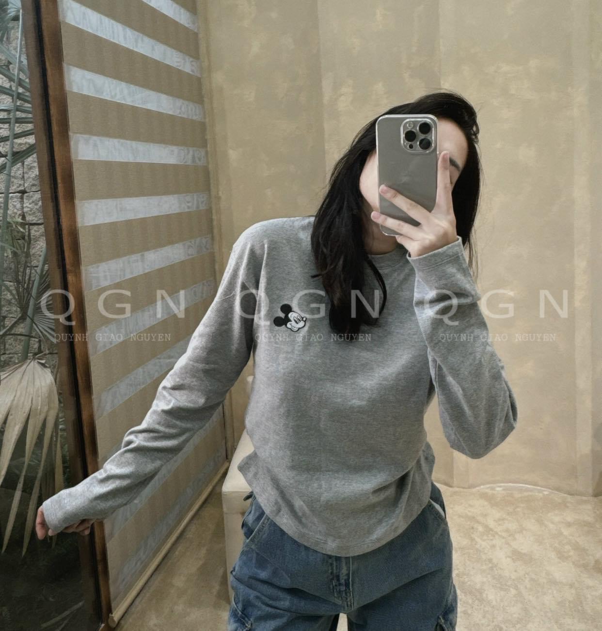 ANU628 - SET 3 ÁO THUN NỮ DÀI TAY GHI TRẮNG KẺ MICKEY