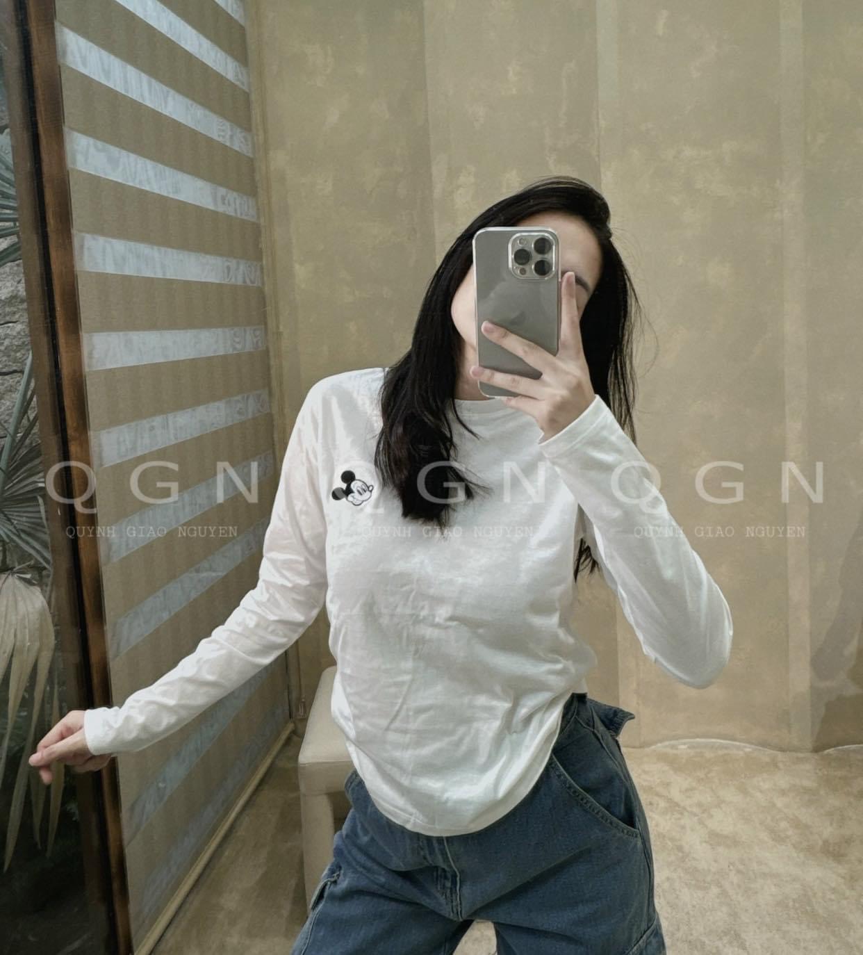 ANU628 - SET 3 ÁO THUN NỮ DÀI TAY GHI TRẮNG KẺ MICKEY