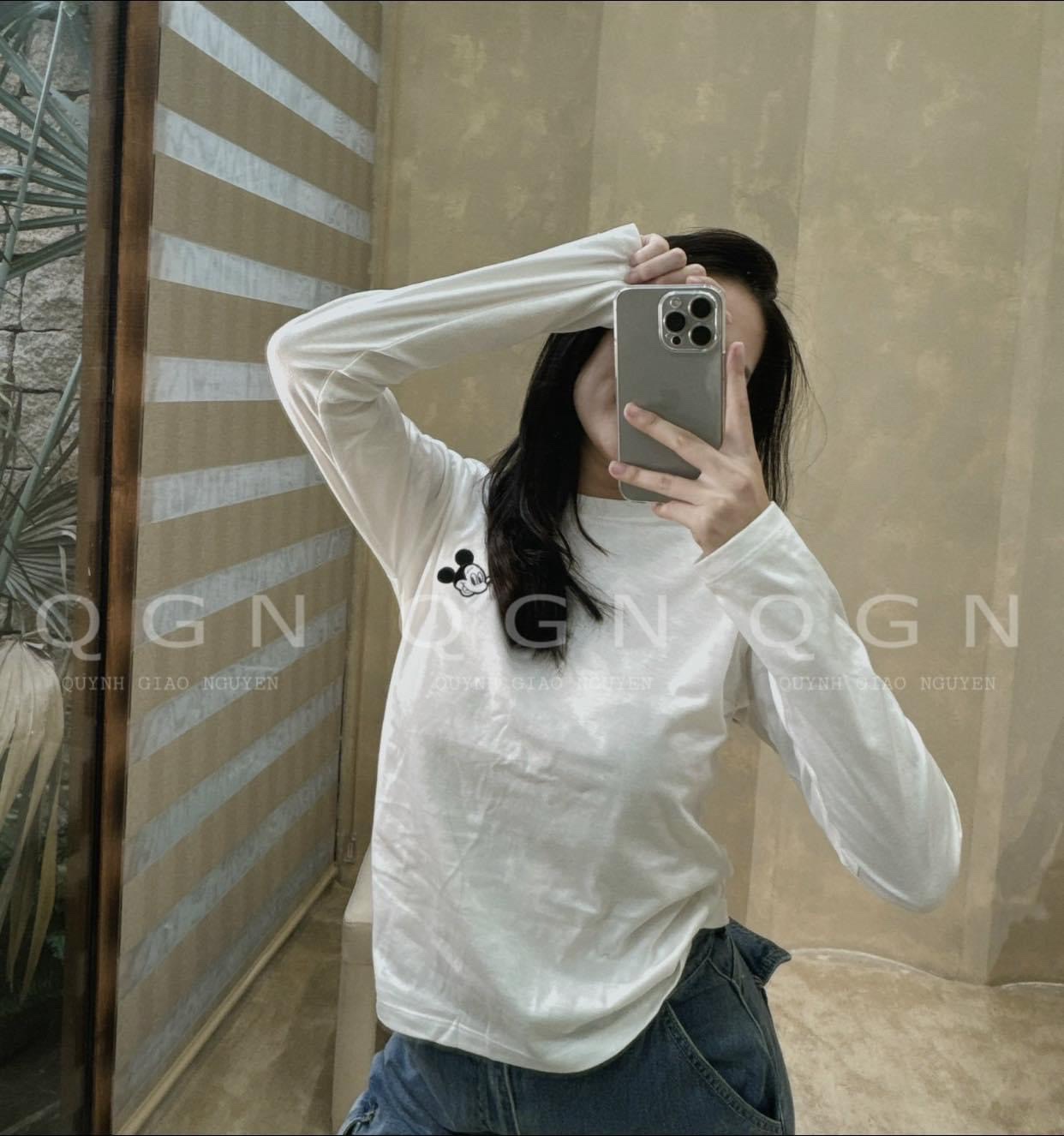 ANU628 - SET 3 ÁO THUN NỮ DÀI TAY GHI TRẮNG KẺ MICKEY