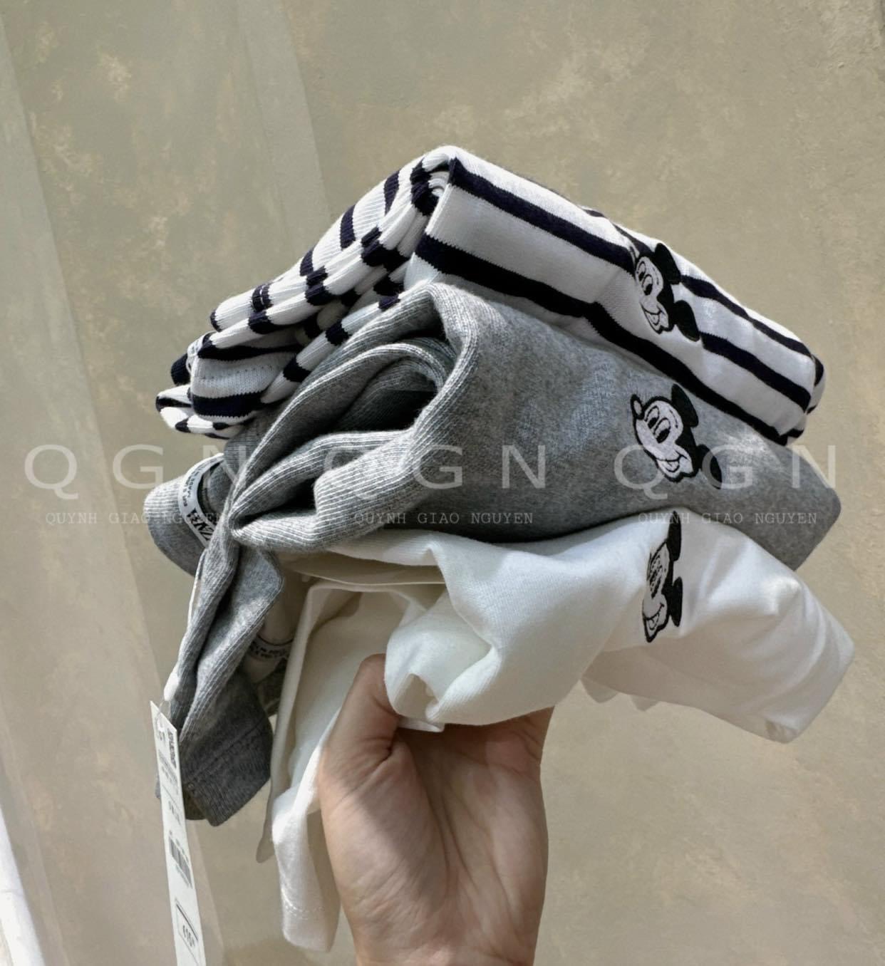 ANU628 - SET 3 ÁO THUN NỮ DÀI TAY GHI TRẮNG KẺ MICKEY