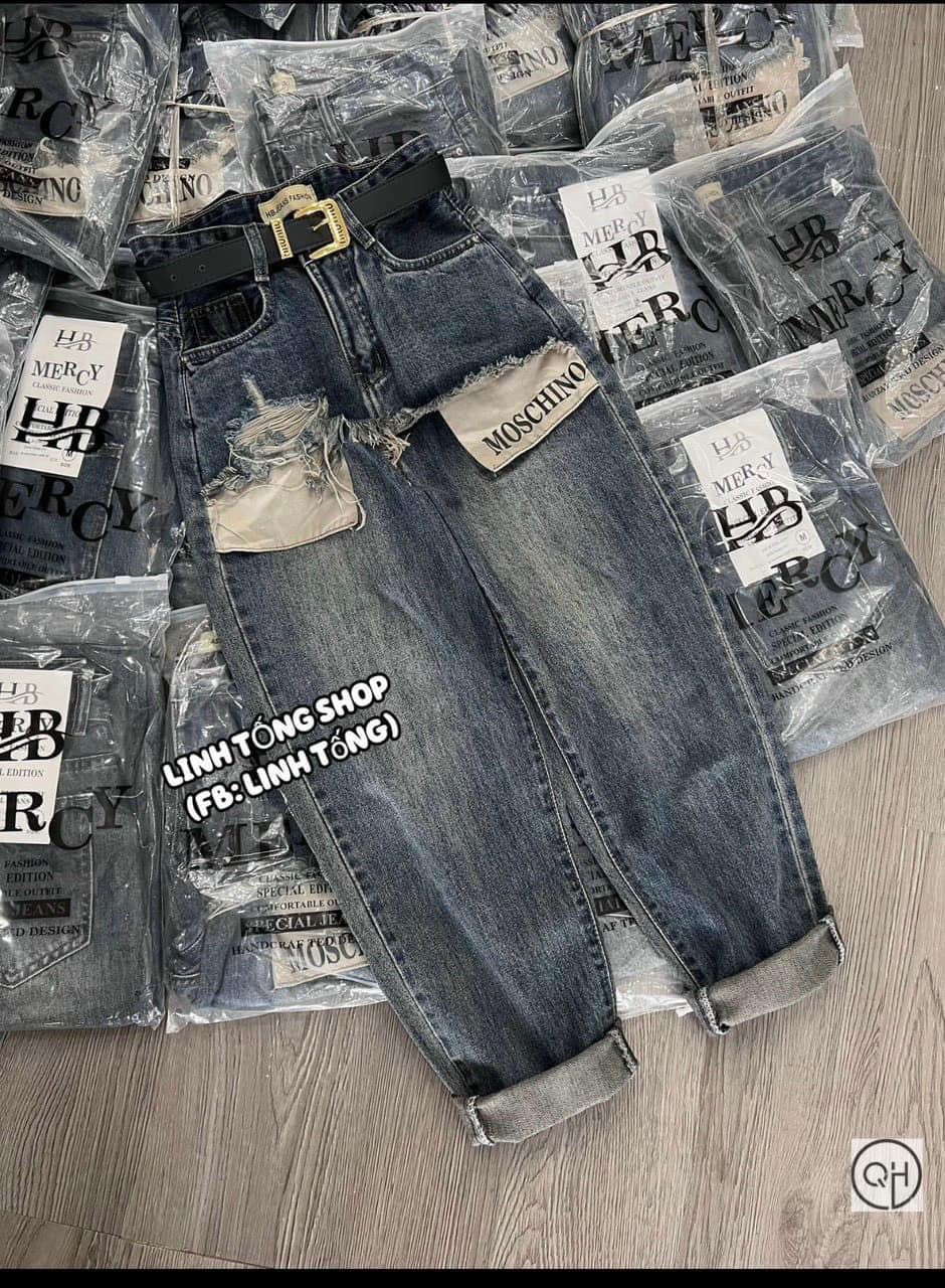 QNU460 - QUẦN JEANS BAGGY XANH PHỐI RÁCH MOSCHINO M1130