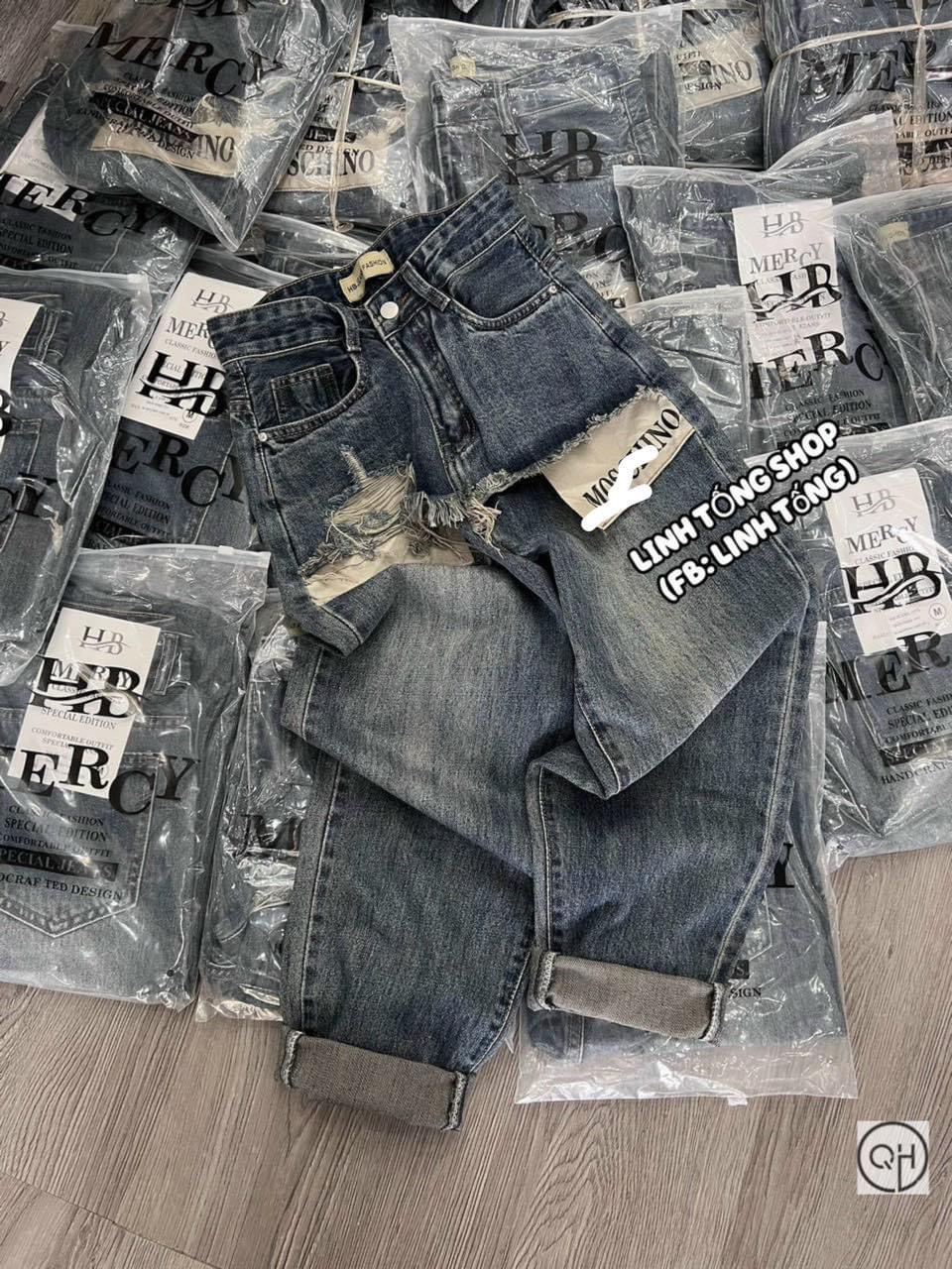 QNU460 - QUẦN JEANS BAGGY XANH PHỐI RÁCH MOSCHINO M1130