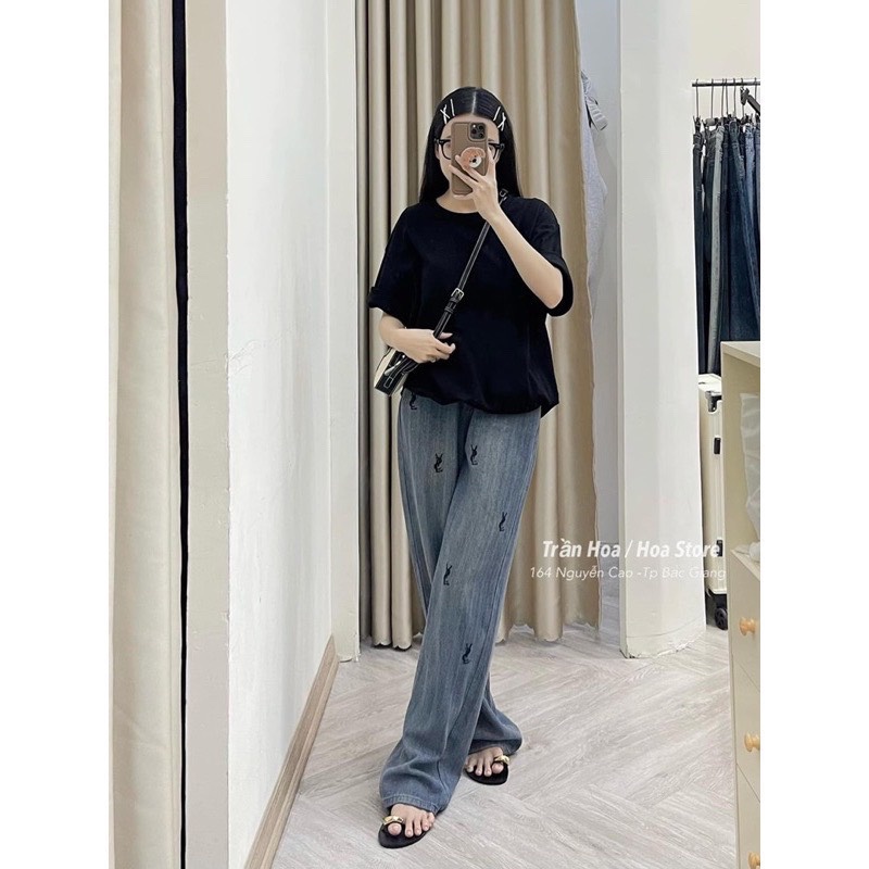 QNU464 - QUẦN JEANS SUÔNG ĐÍNH ĐÁ YSL