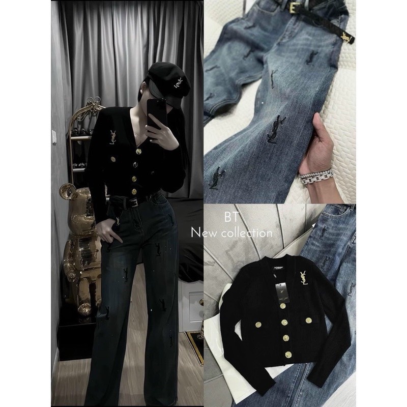 QNU464 - QUẦN JEANS SUÔNG ĐÍNH ĐÁ YSL