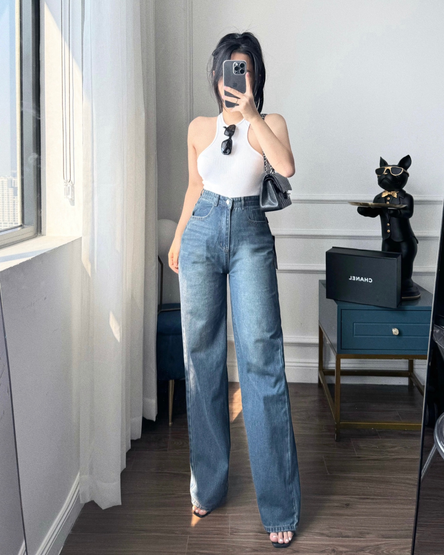 QNU466 - QUẦN JEANS SUÔNG MÁC DA ĐEN M7399