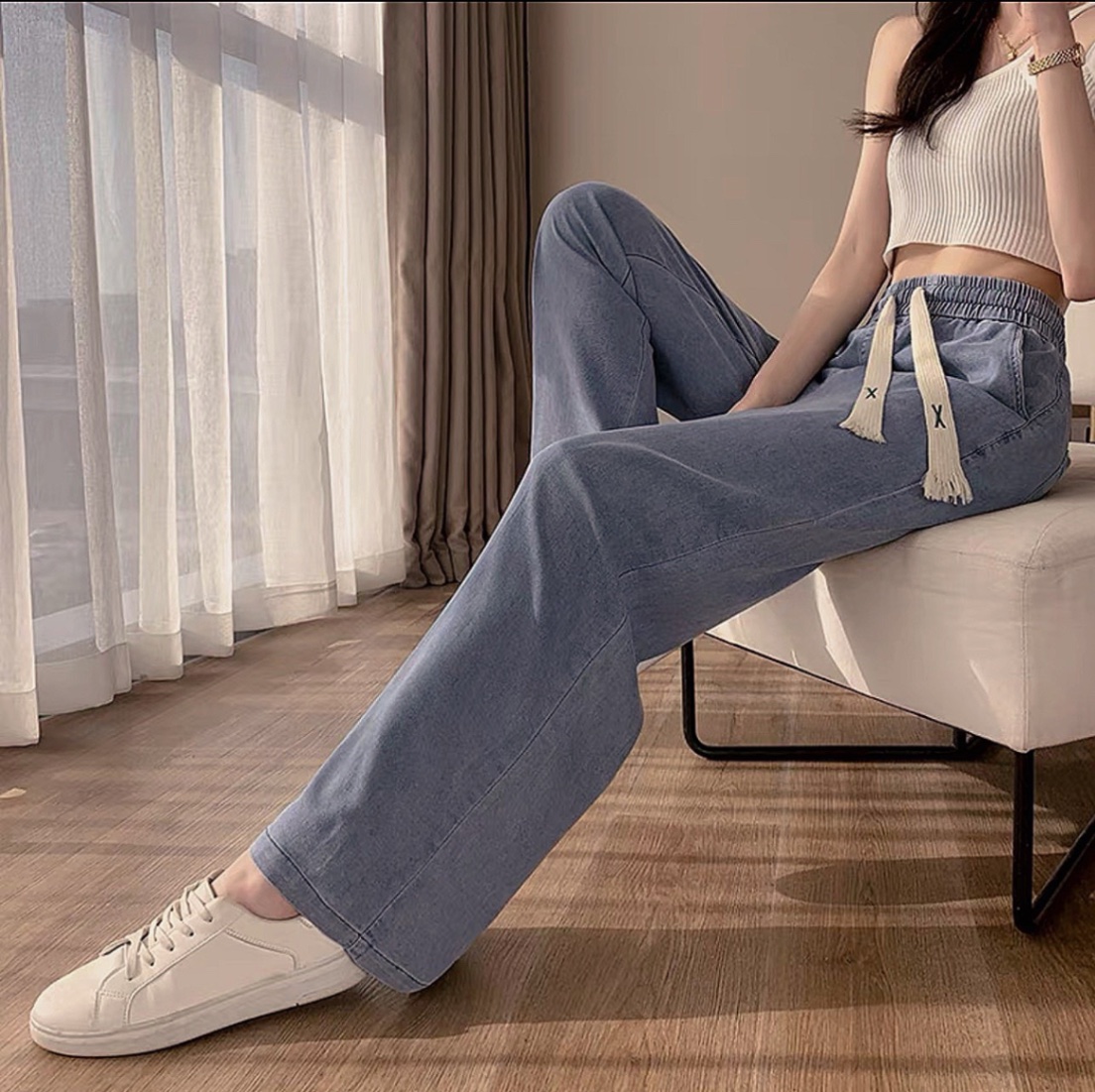 QNU485 - QUẦN JEANS SUÔNG XANH CẠP CHUN