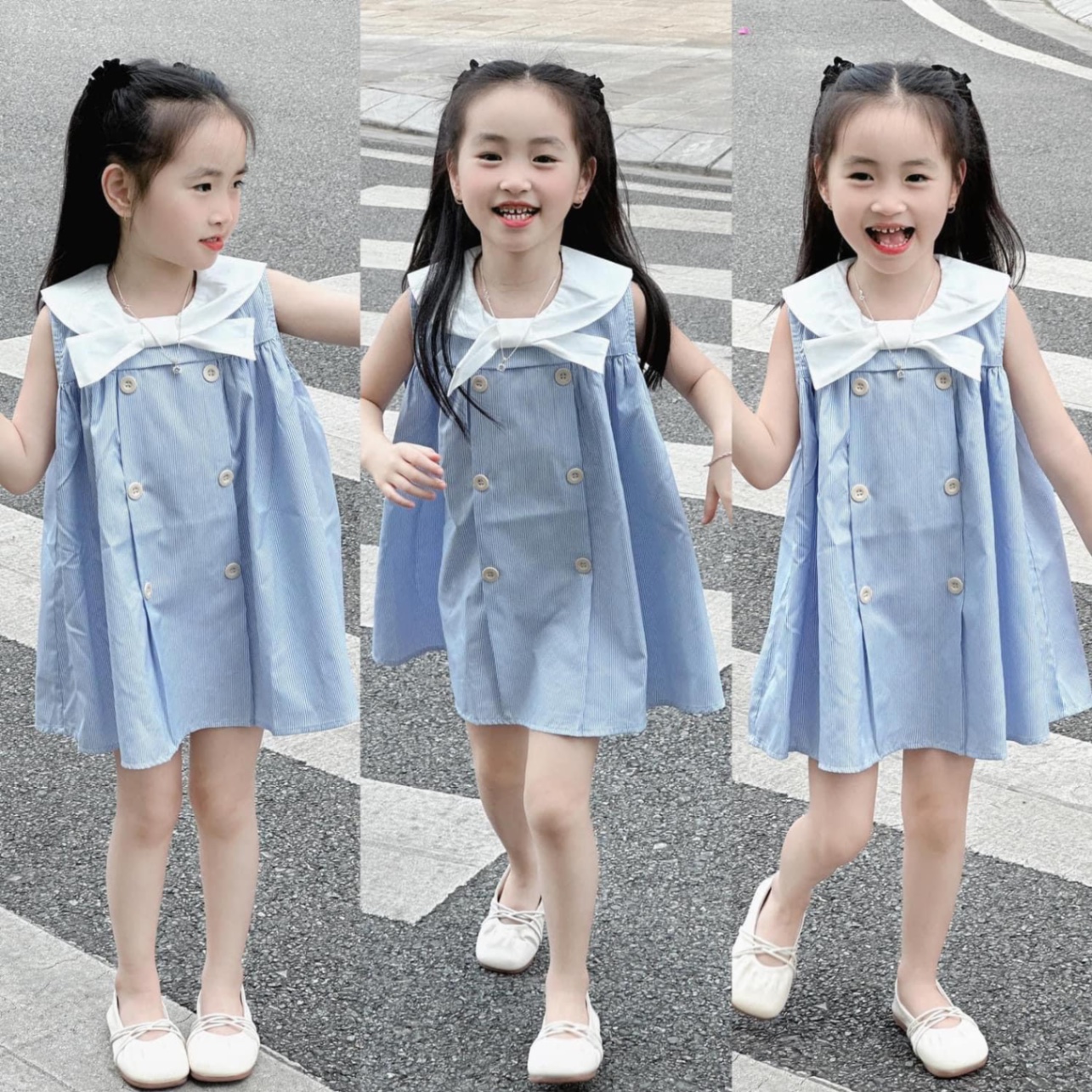 VB437 - VÁY BÉ GÁI KẺ XANH CỔ TRẮNG NƠ