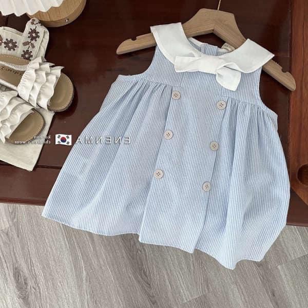 VB437 - VÁY BÉ GÁI KẺ XANH CỔ TRẮNG NƠ