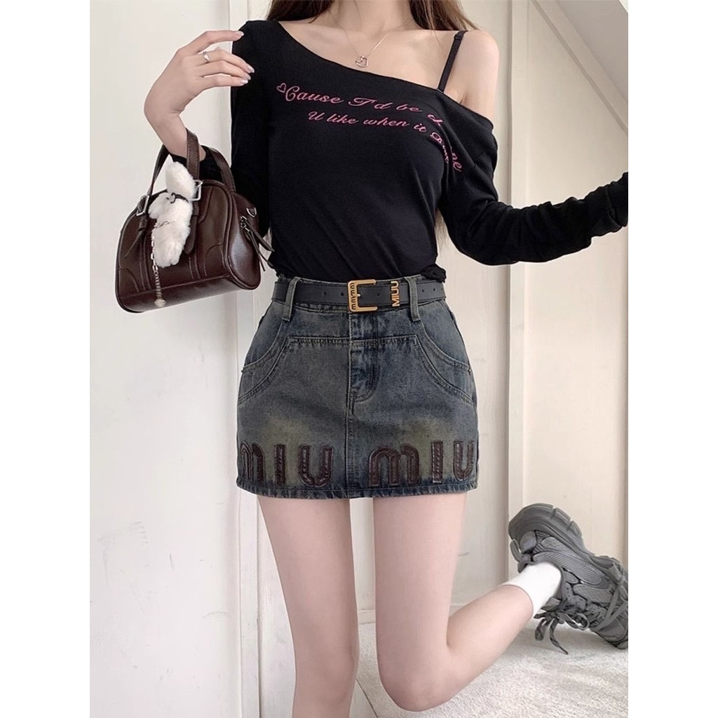 CV141 - CHÂN VÁY JEANS XANH CHỮ A MIUMIU