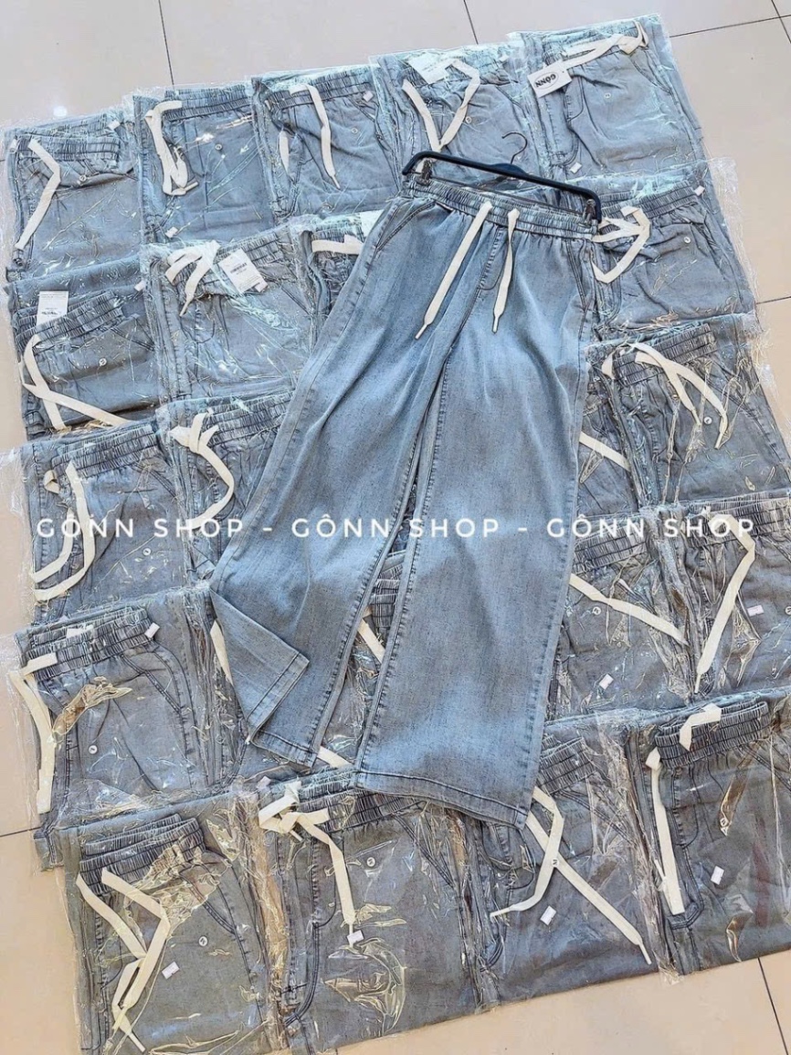 QNU502 - QUẦN JEANS NỮ SUÔNG XANH CẠP CHUN DÂY RÚT