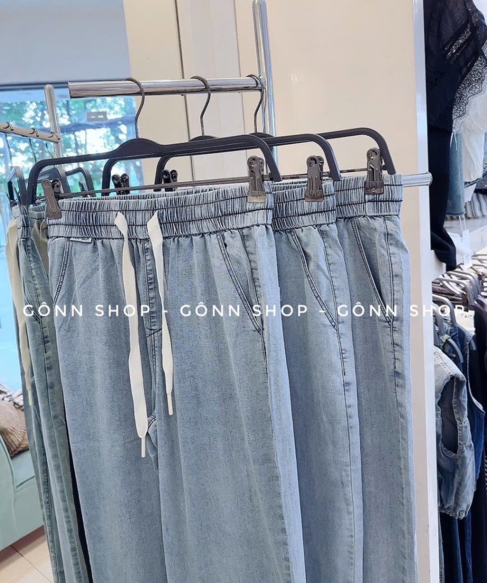 QNU502 - QUẦN JEANS NỮ SUÔNG XANH CẠP CHUN DÂY RÚT