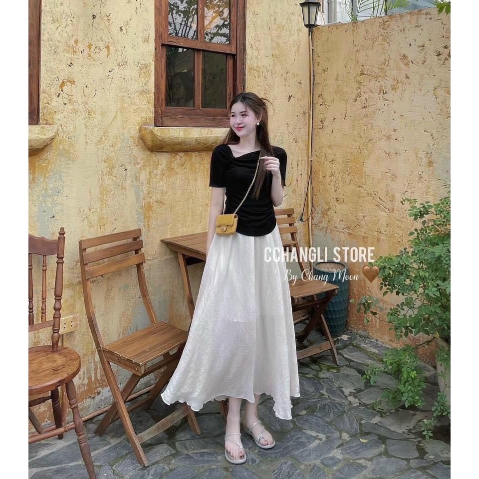 S590 - SET ÁO ĐEN CỔ LỆCH CVAY VOAN BE