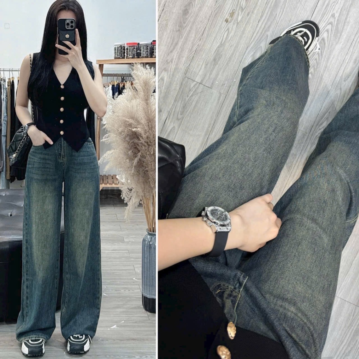 QNU513 - QUẦN JEANS SUÔNG XANH CẠP MÁC DA M3282