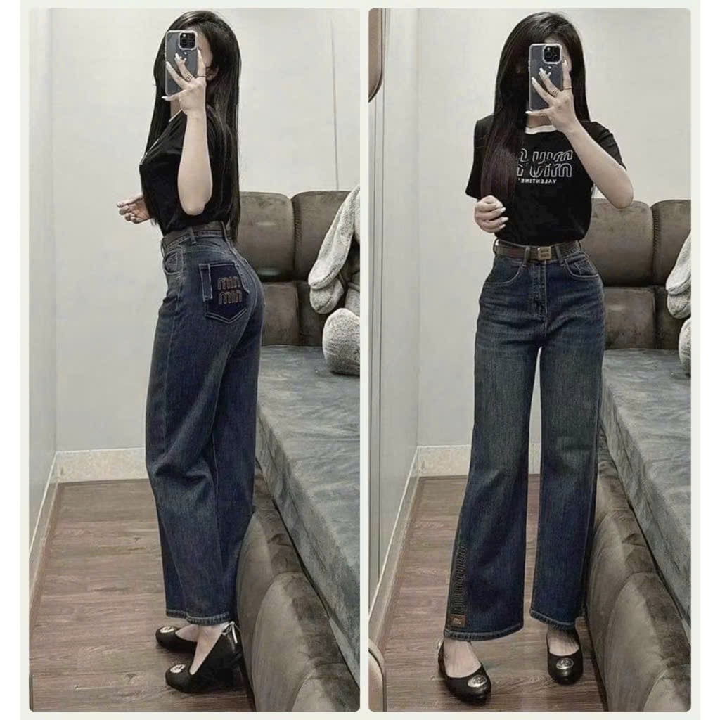 QNU515 - QUẦN JEANS SUÔNG XANH THÊU TÚI MIUMIU