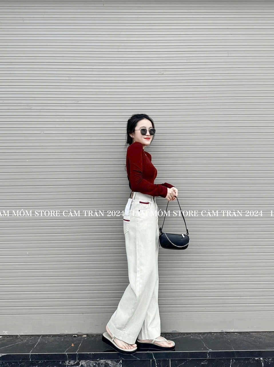 QNU516 - QUẦN JEANS TRẮNG PHỐI TÚI ĐỎ CẠP DA