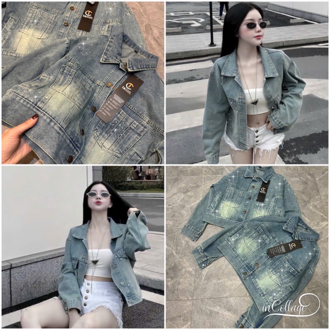 ANU023 - ÁO KHOÁC JEANS NỮ 2 TÚI ĐÍNH ĐÁ