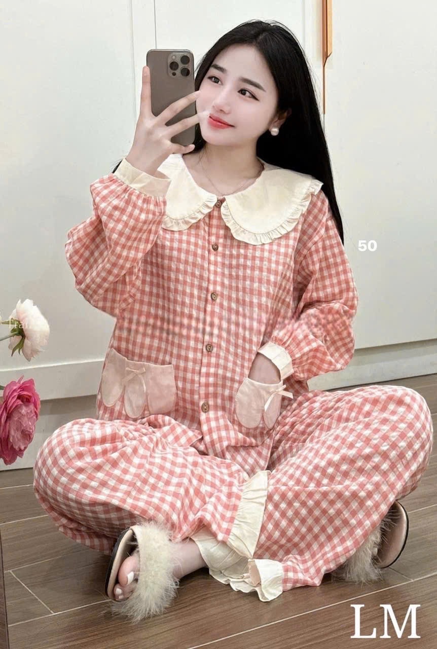 S689 - BỘ PYJAMA NỮ KẺ CARO HỒNG CỔ SEN TRẮNG