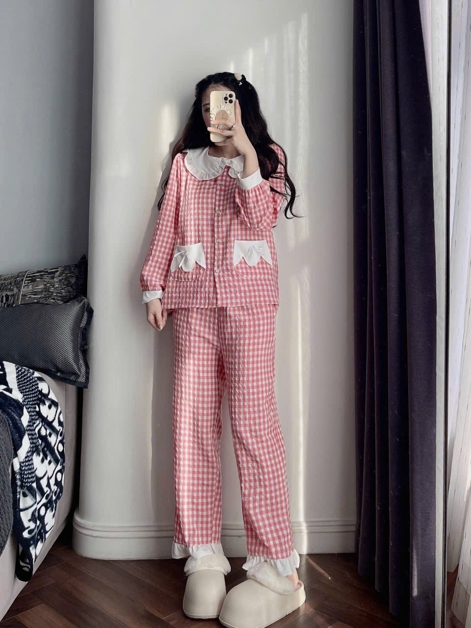 S689 - BỘ PYJAMA NỮ KẺ CARO HỒNG CỔ SEN TRẮNG