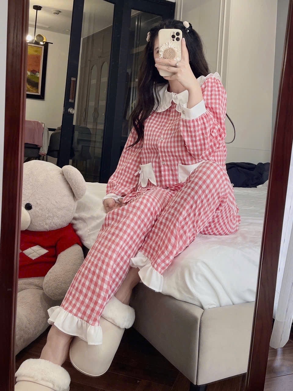 S689 - BỘ PYJAMA NỮ KẺ CARO HỒNG CỔ SEN TRẮNG