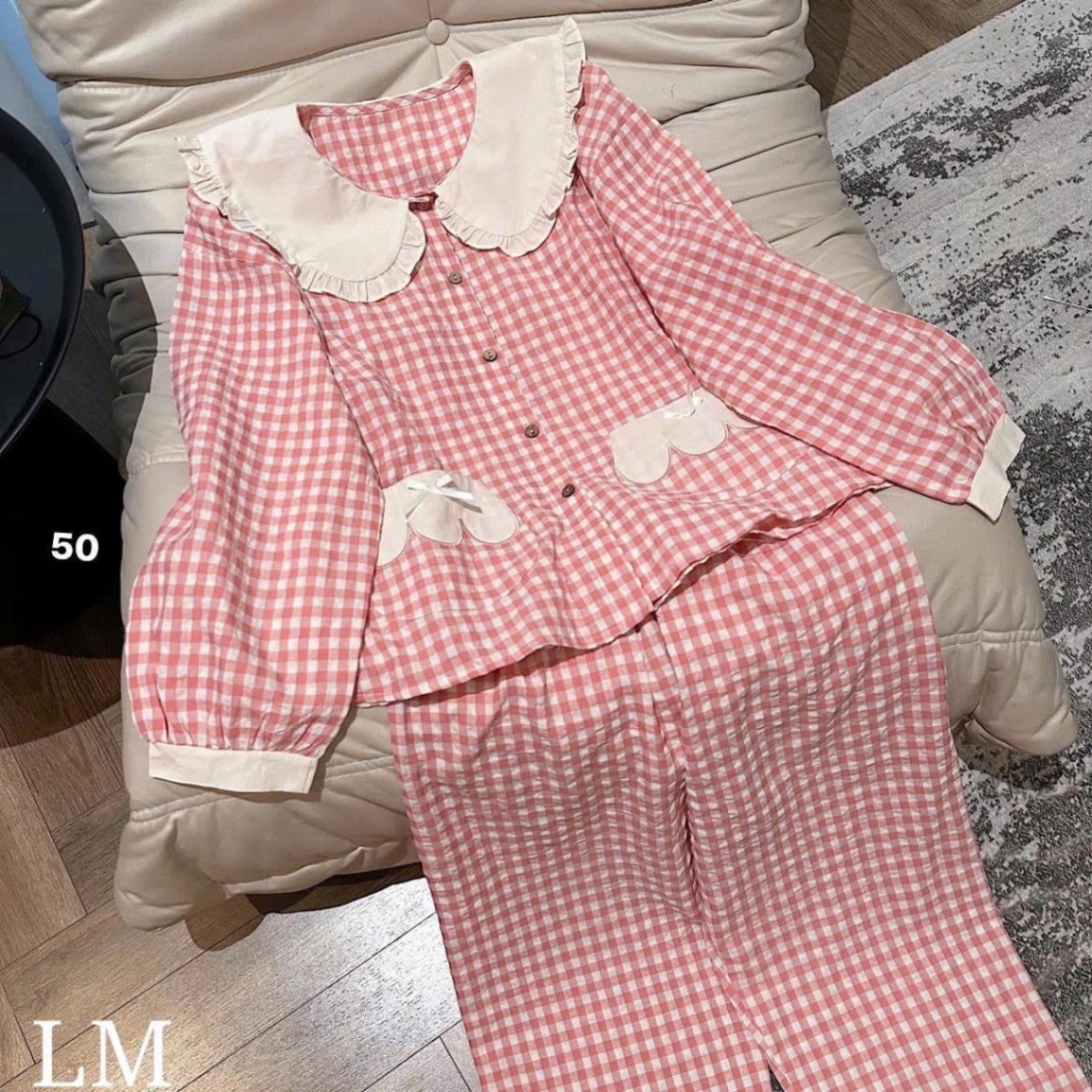 S689 - BỘ PYJAMA NỮ KẺ CARO HỒNG CỔ SEN TRẮNG