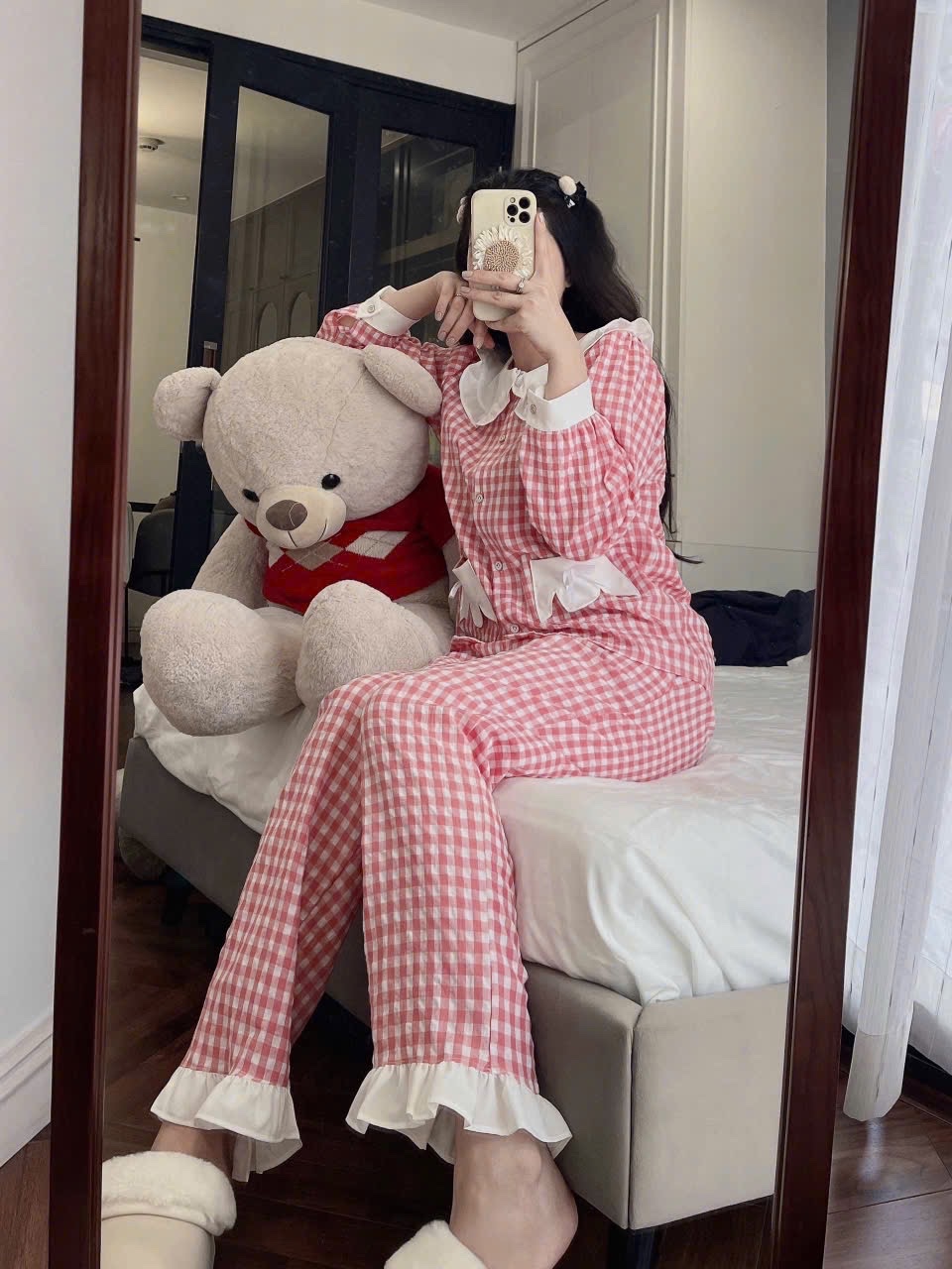 S689 - BỘ PYJAMA NỮ KẺ CARO HỒNG CỔ SEN TRẮNG