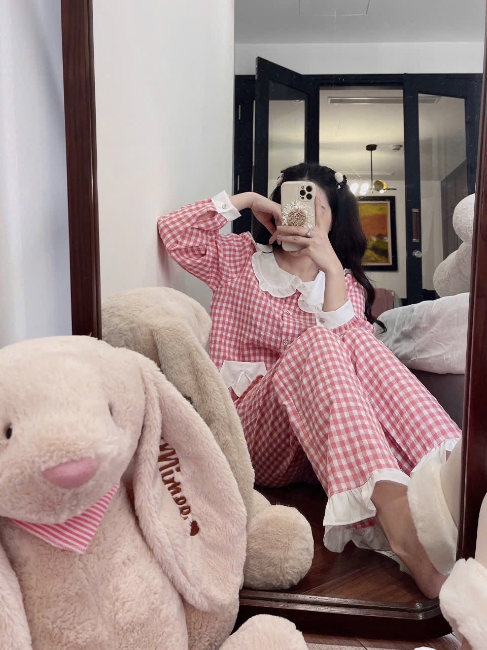 S689 - BỘ PYJAMA NỮ KẺ CARO HỒNG CỔ SEN TRẮNG