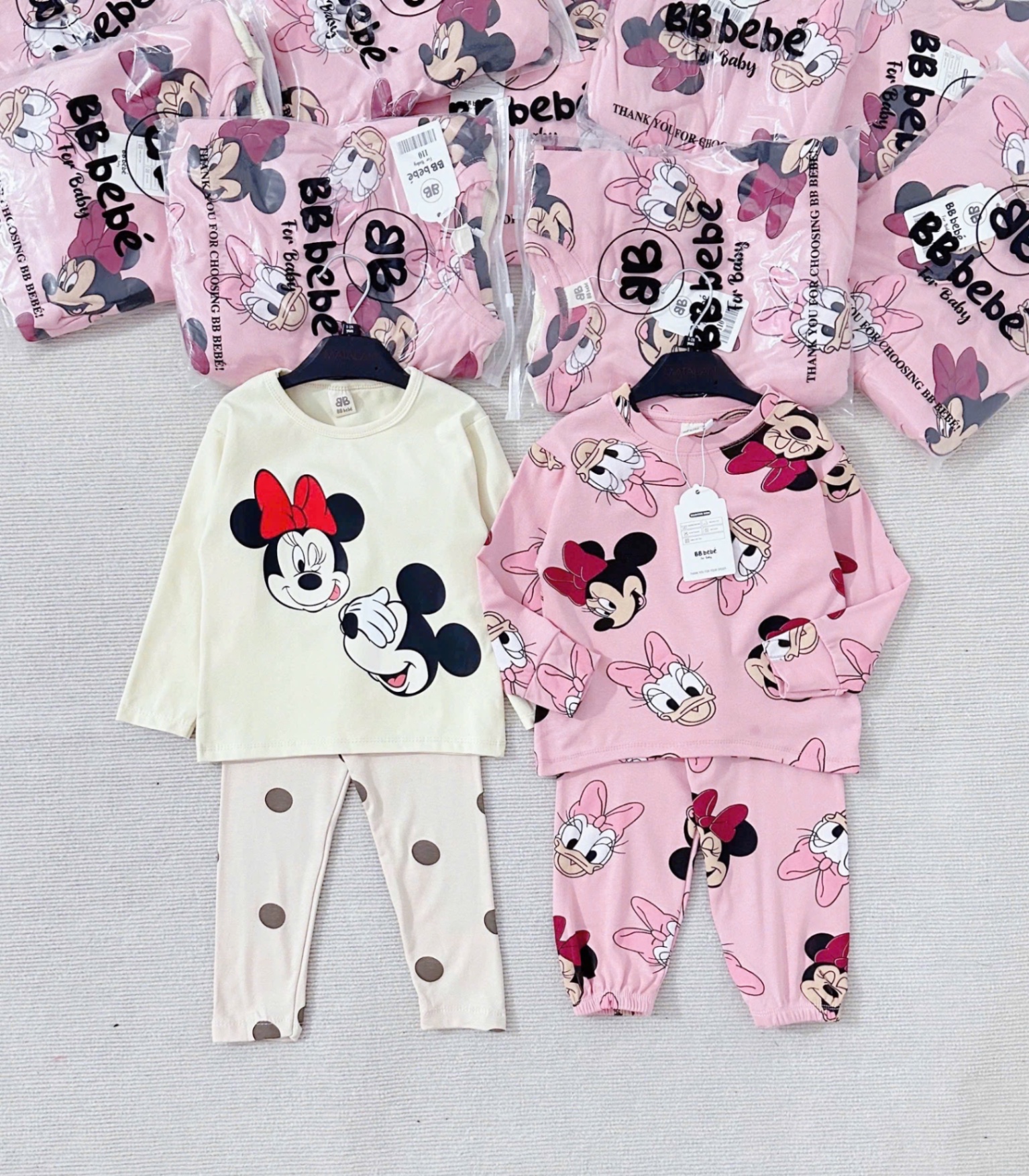 G286 - SET 2 BỘ BÉ GÁI ZIP MICKEY DONALD be hồng