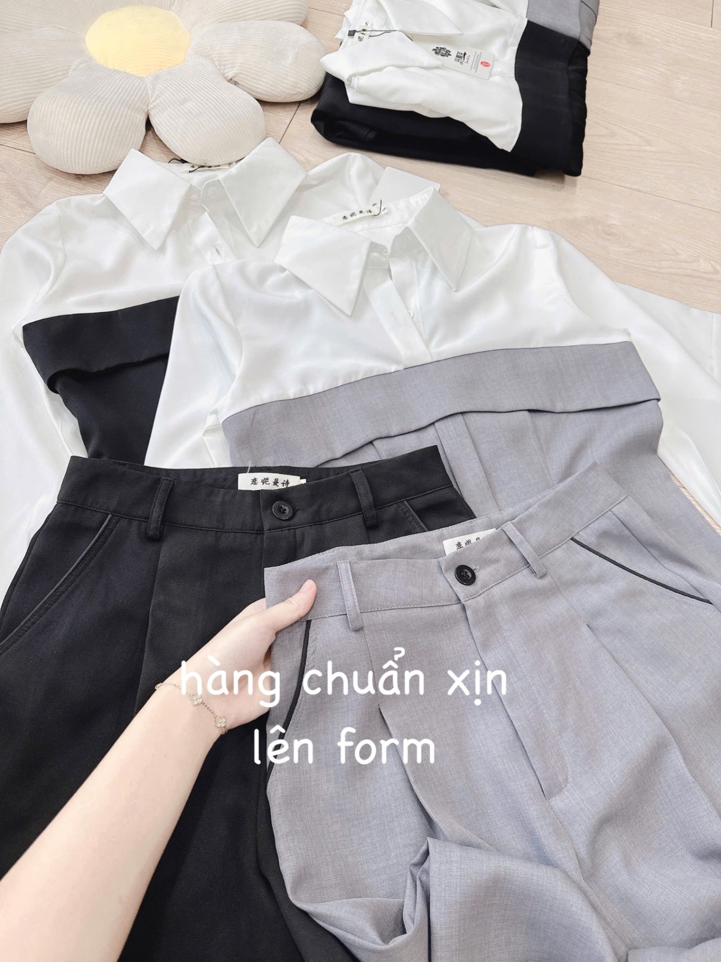 S694 - SET ÁO SƠ MI PHỐI ĐEN GHI VẠT NGỰC