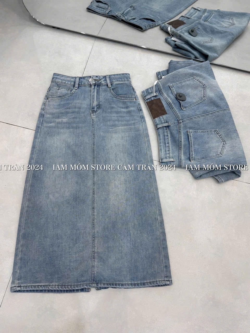 CV150 - CHÂN VÁY JEANS XANH DÁNG DÀI XẺ SAU