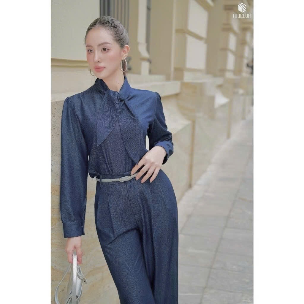 S757 - SET BÒ DENIM CỔ CAO NƠ VẠT QUẦN SUÔNG