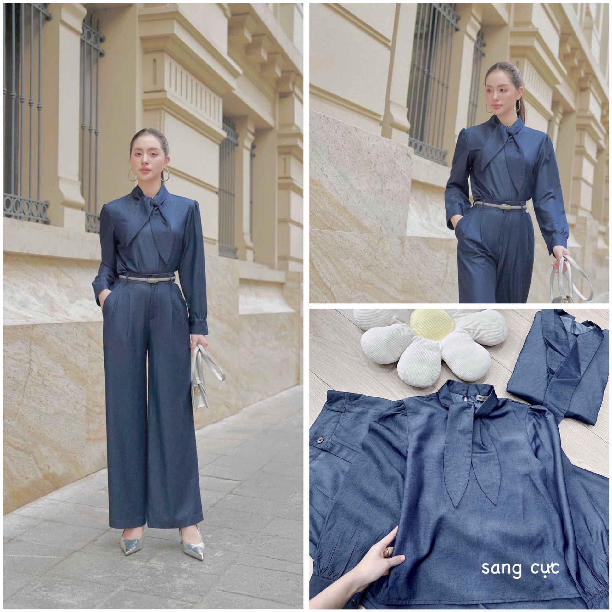 S757 - SET BÒ DENIM CỔ CAO NƠ VẠT QUẦN SUÔNG