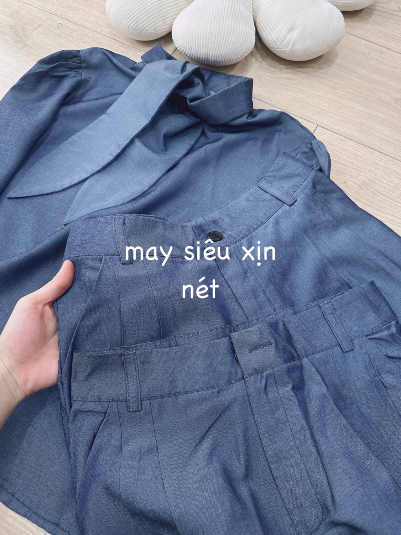 S757 - SET BÒ DENIM CỔ CAO NƠ VẠT QUẦN SUÔNG