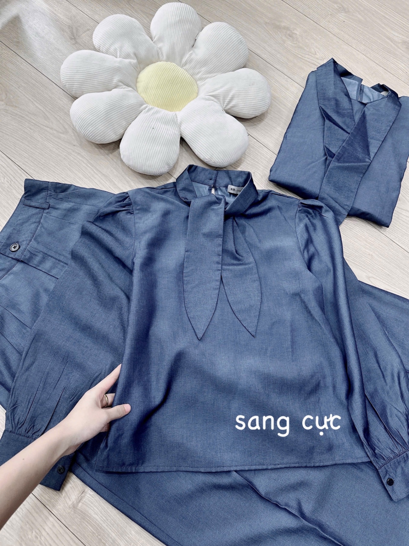 S757 - SET BÒ DENIM CỔ CAO NƠ VẠT QUẦN SUÔNG