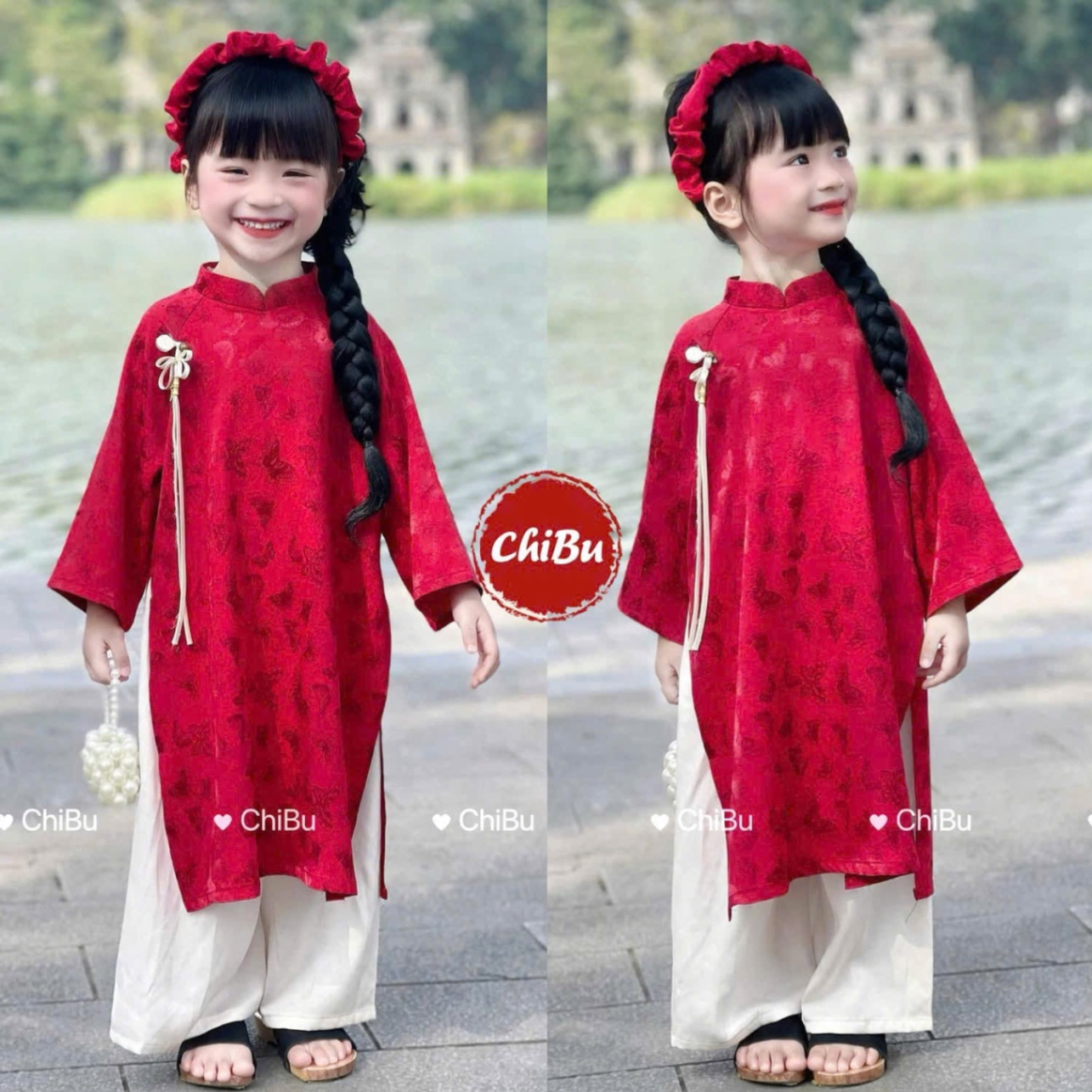 G368 - SET ÁO DÀI BÉ GÁI ĐỎ VÂN BƯỚM NƠ TRẮNG