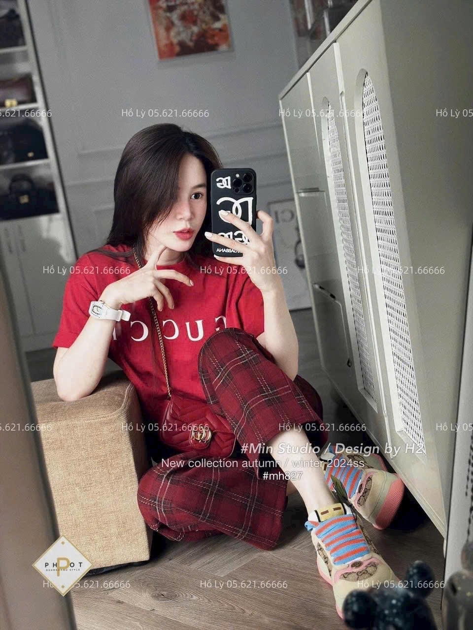 S750 - BỘ NỮ ÁO CỘC ĐỎ GUCCI QUẦN SUÔNG KẺ