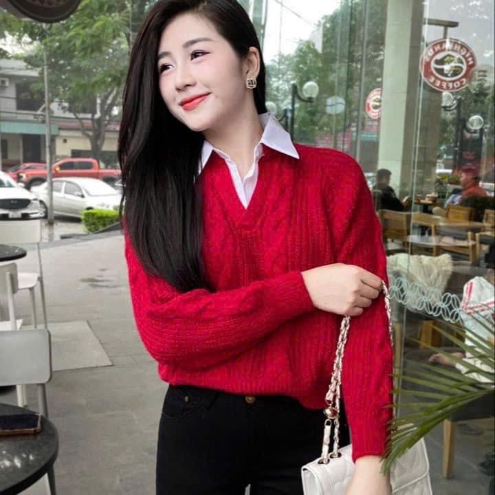 ANU033 - ÁO LEN THỪNG PHỐI CỔ SƠ MI TRẮNG