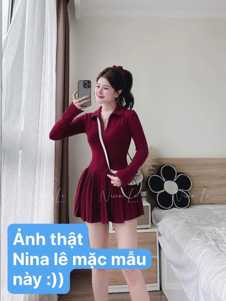 V438 - VÁY LEN ĐỎ CỔ POLO KHOÁ TRƯỚC DẬP LI