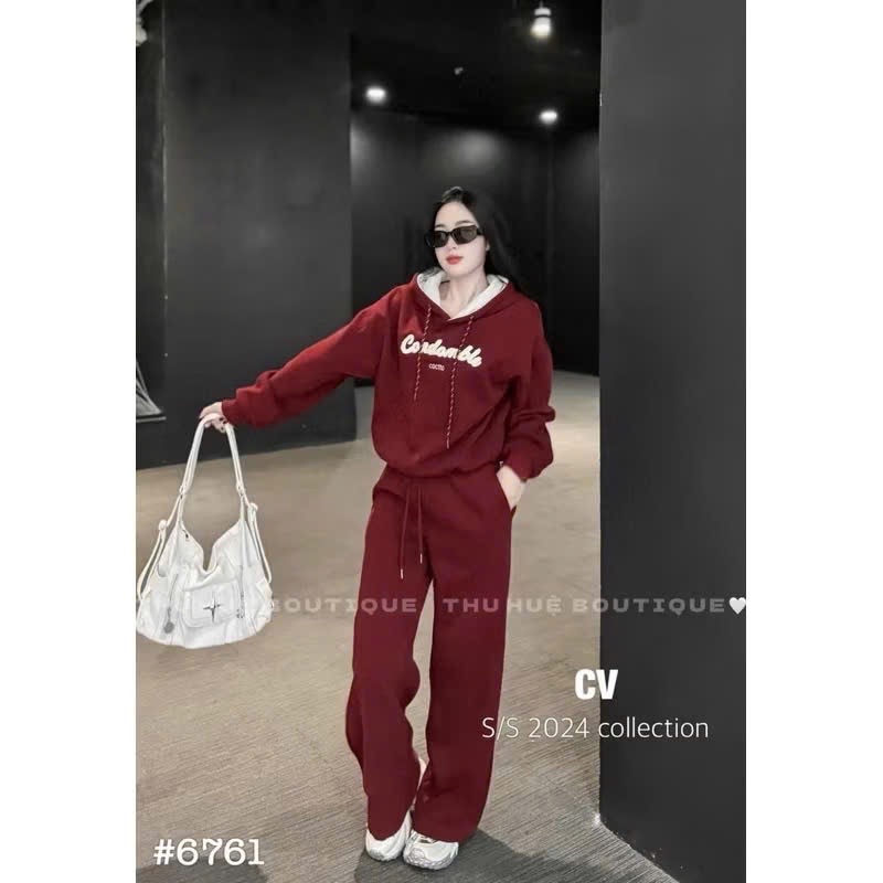 S784 - BỘ HOODIE MŨ PHỐI ĐỎ GHI Comdomble