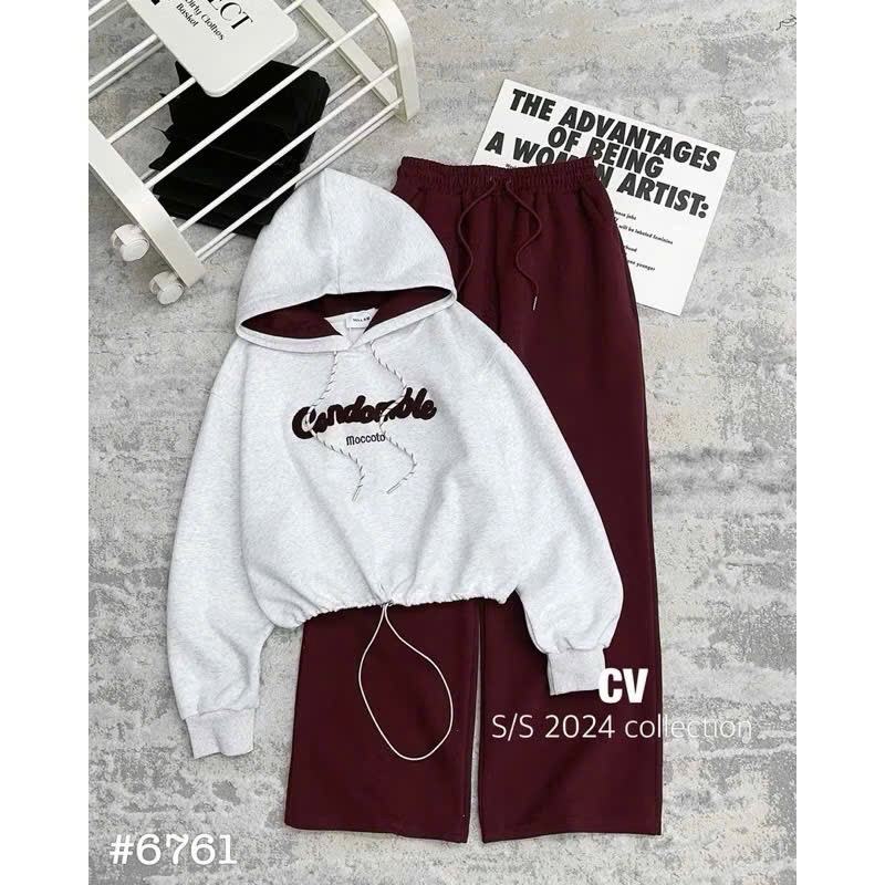 S784 - BỘ HOODIE MŨ PHỐI ĐỎ GHI Comdomble