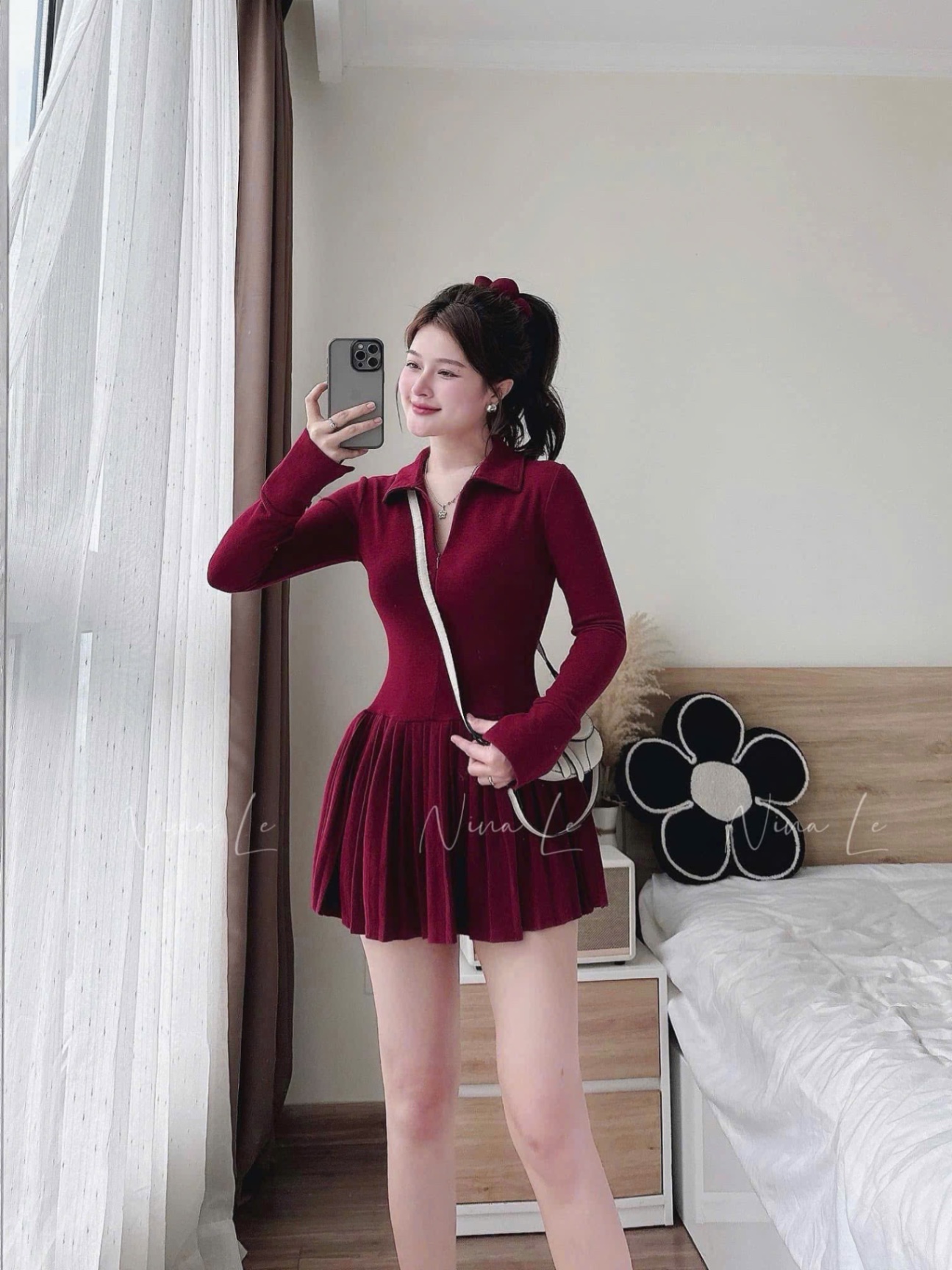 V438 - VÁY LEN ĐỎ CỔ POLO KHOÁ TRƯỚC DẬP LI