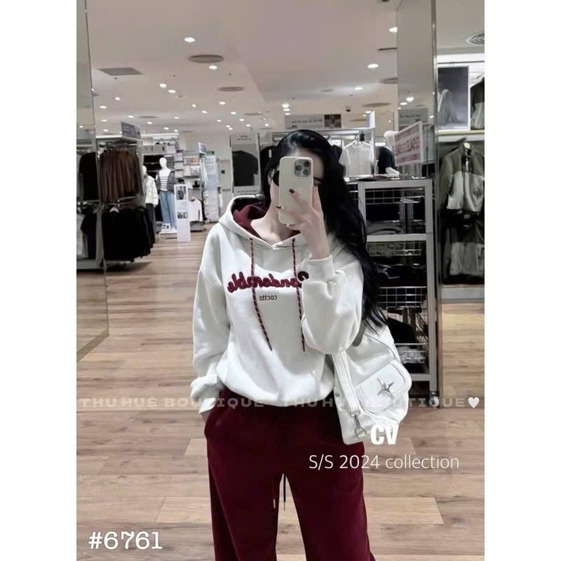 S784 - BỘ HOODIE MŨ PHỐI ĐỎ GHI Comdomble