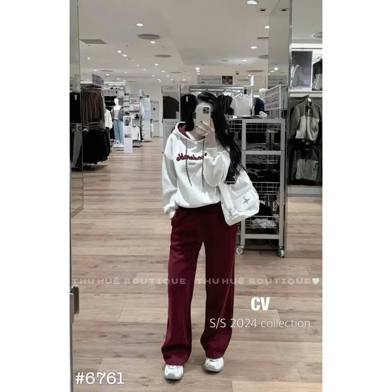 S784 - BỘ HOODIE MŨ PHỐI ĐỎ GHI Comdomble